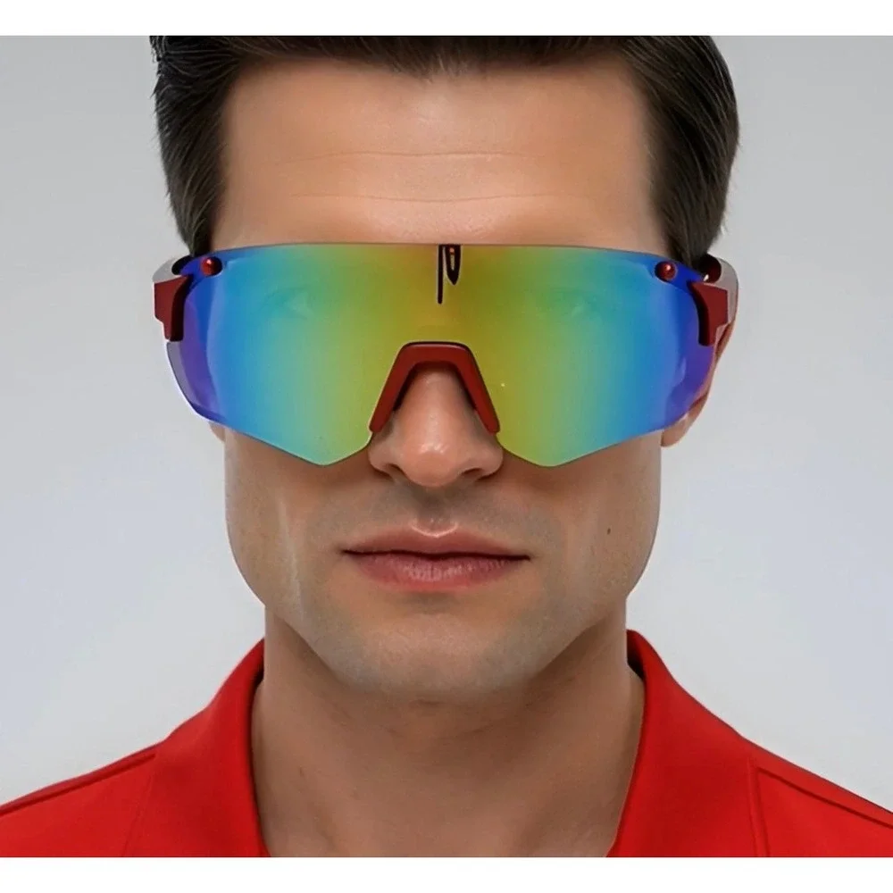 Sport Sunglasses Fire Red‎ Mirrored Lens Reflective Shield Running Glasses Men